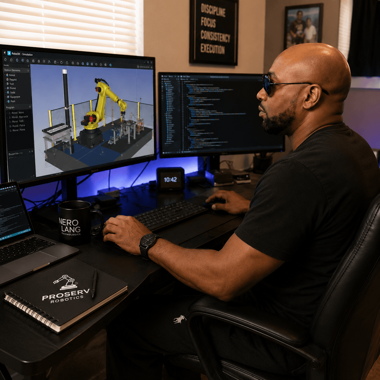Man in sunglasses at a desk programming a robotic arm simulation on multiple computer monitors.