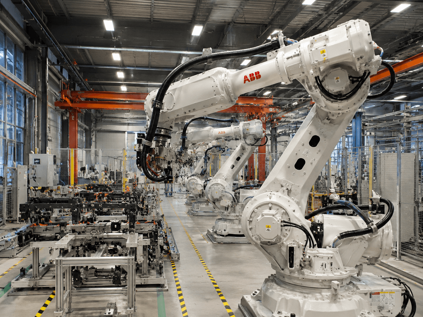 Multiple white ABB robotic arms positioned along an industrial assembly line in a manufacturing facility.